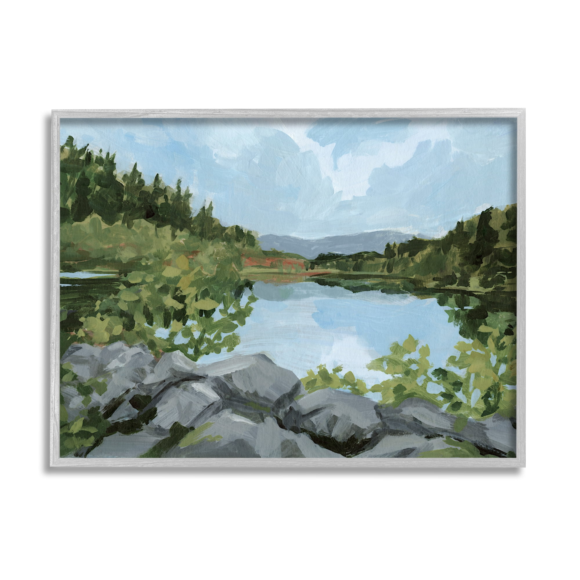 Stupell Woodland Lake Rocky Shore Landscape Painting Gray Framed Art Print Wall Art