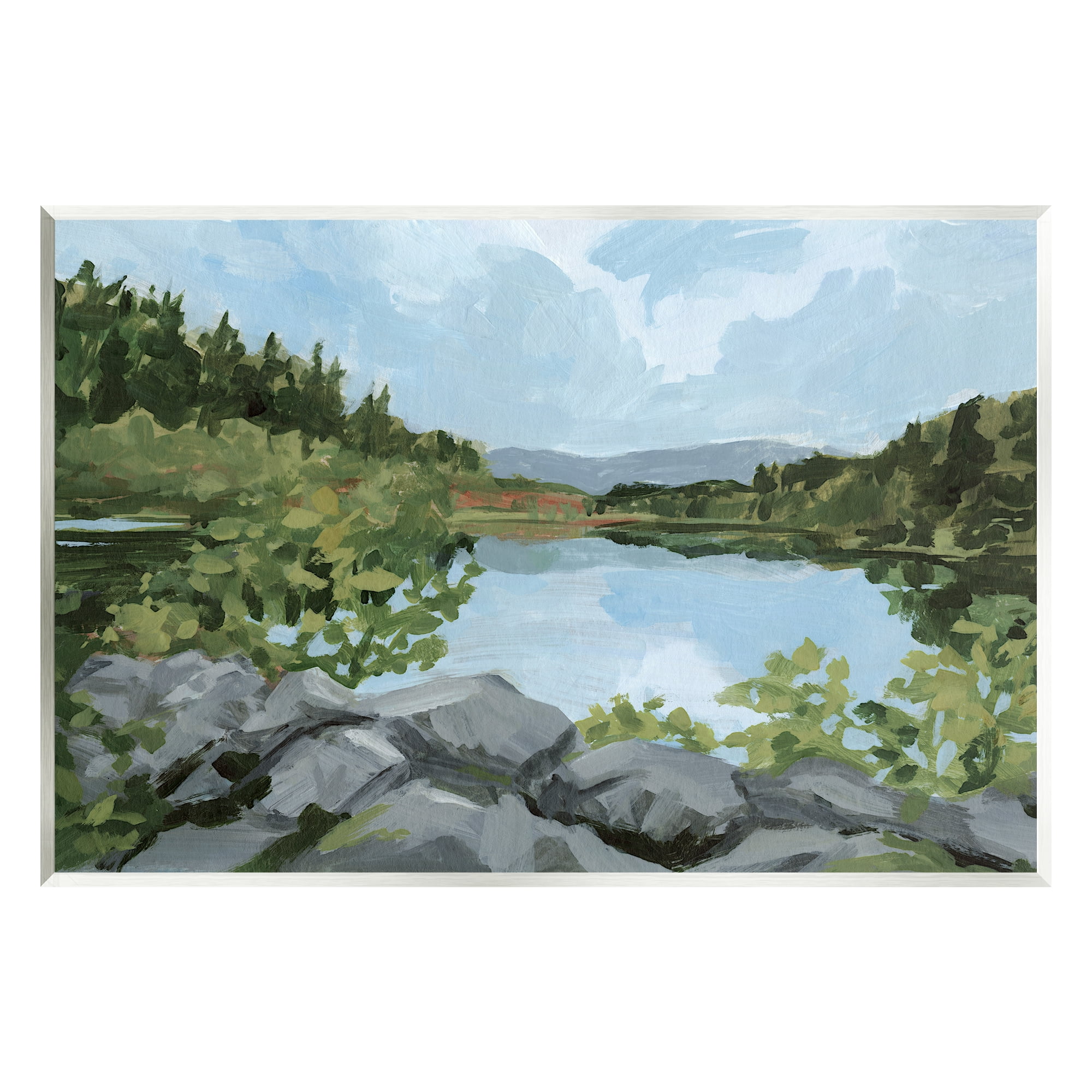 Stupell Woodland Lake Rocky Shore Landscape Painting Wall Plaque Unframed Art Print Wall Art