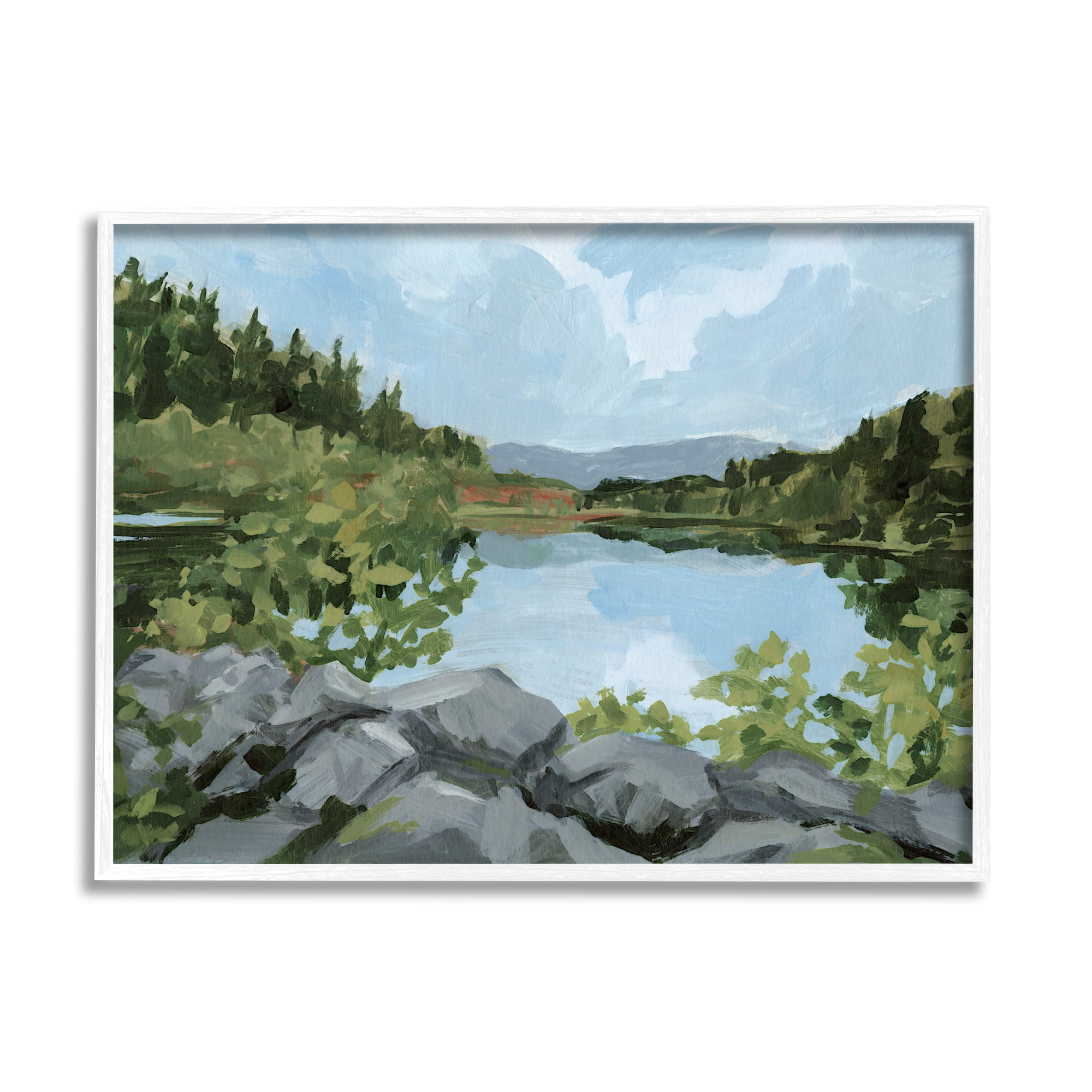 Stupell Woodland Lake Rocky Shore Landscape Painting White Framed Art Print Wall Art