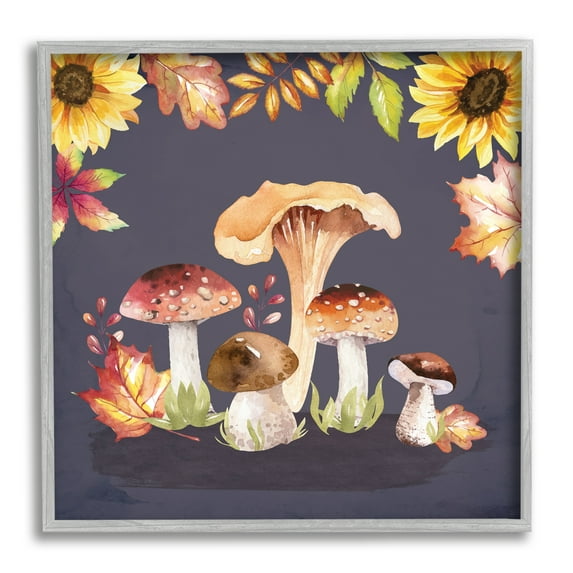Stupell Woodland Mushrooms Autumnal Foliage Botanical & Floral Painting Gray Framed Art Print Wall Art