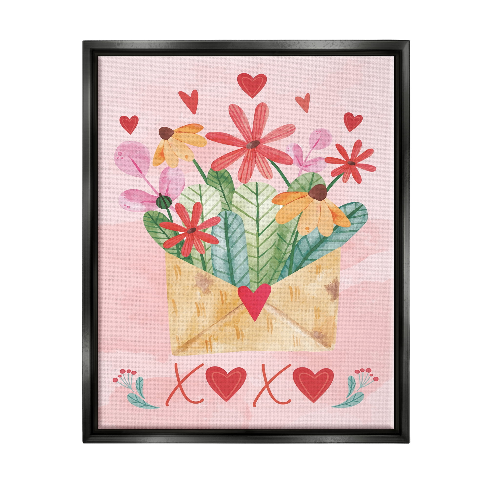 Stupell Xoxo Love Letter Floral Blooms Holiday Painting Black Floater Framed Art Print Wall Art