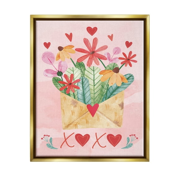 Stupell Xoxo Love Letter Floral Blooms Holiday Painting Gold Floater Framed Art Print Wall Art