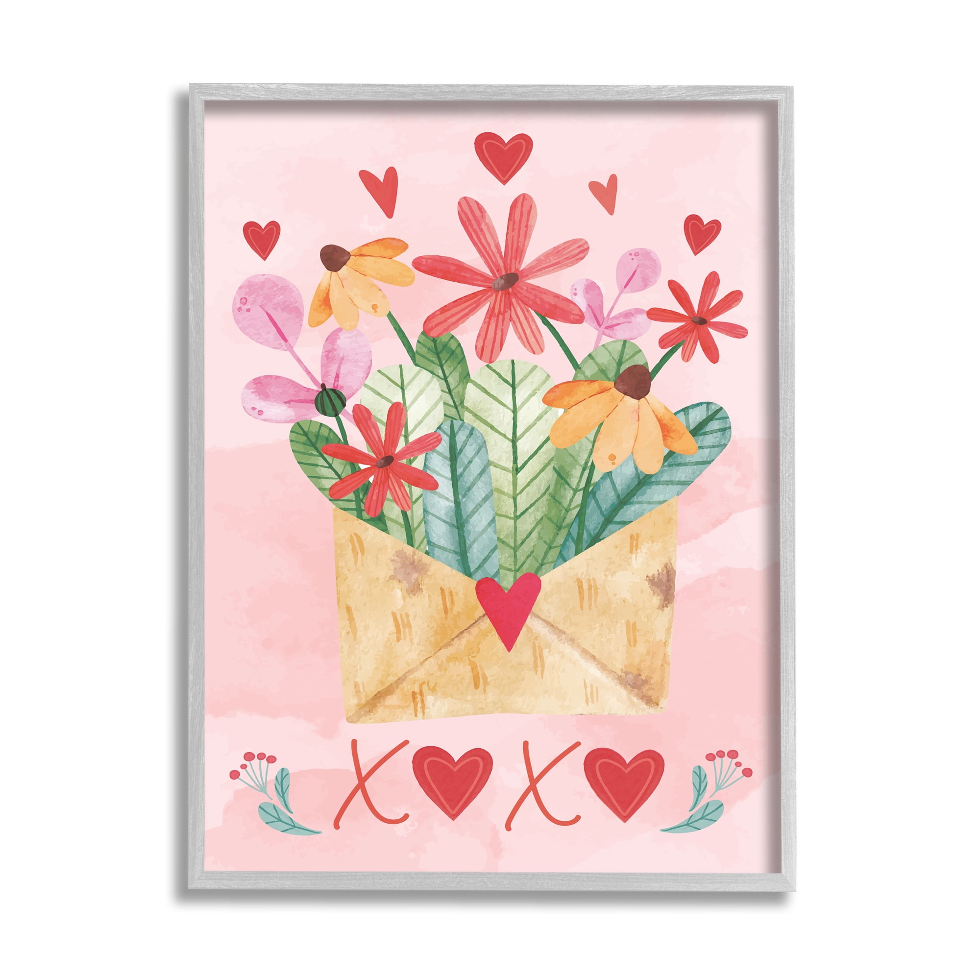 Stupell Xoxo Love Letter Floral Blooms Holiday Painting Gray Framed Art Print Wall Art