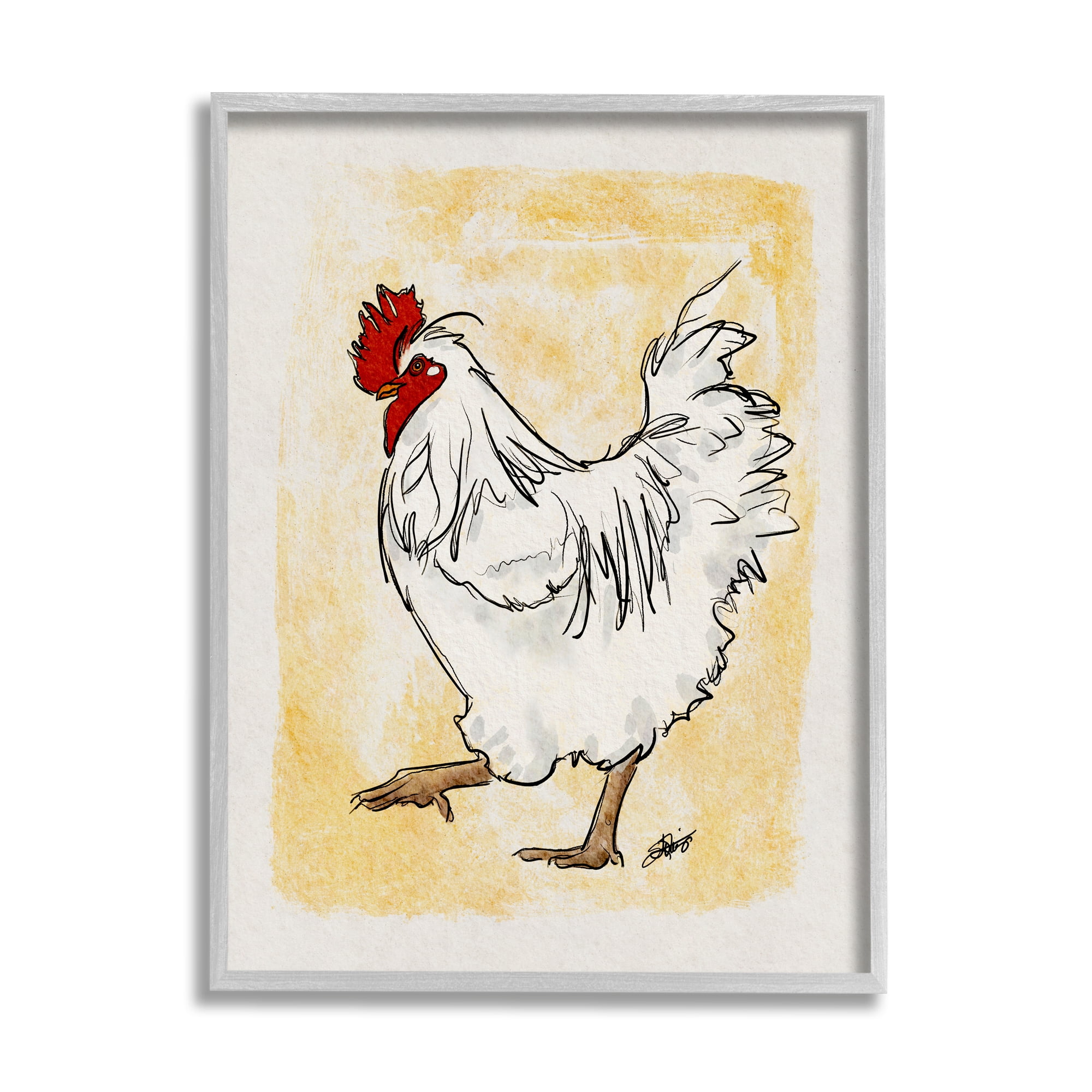 Stupell Yellow Country Chicken Portrait Animals & Insects Painting Gray Framed Art Print Wall Art