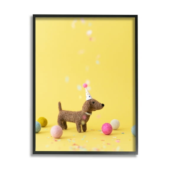Stupell Yellow Dachshund Party Hat Dog Animals & Insects Photography Black Framed Art Print Wall Art