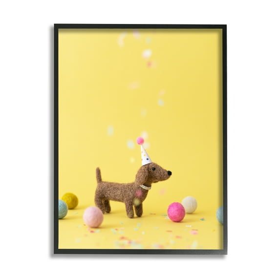 Stupell Yellow Dachshund Party Hat Dog Animals & Insects Photography Black Framed Art Print Wall Art