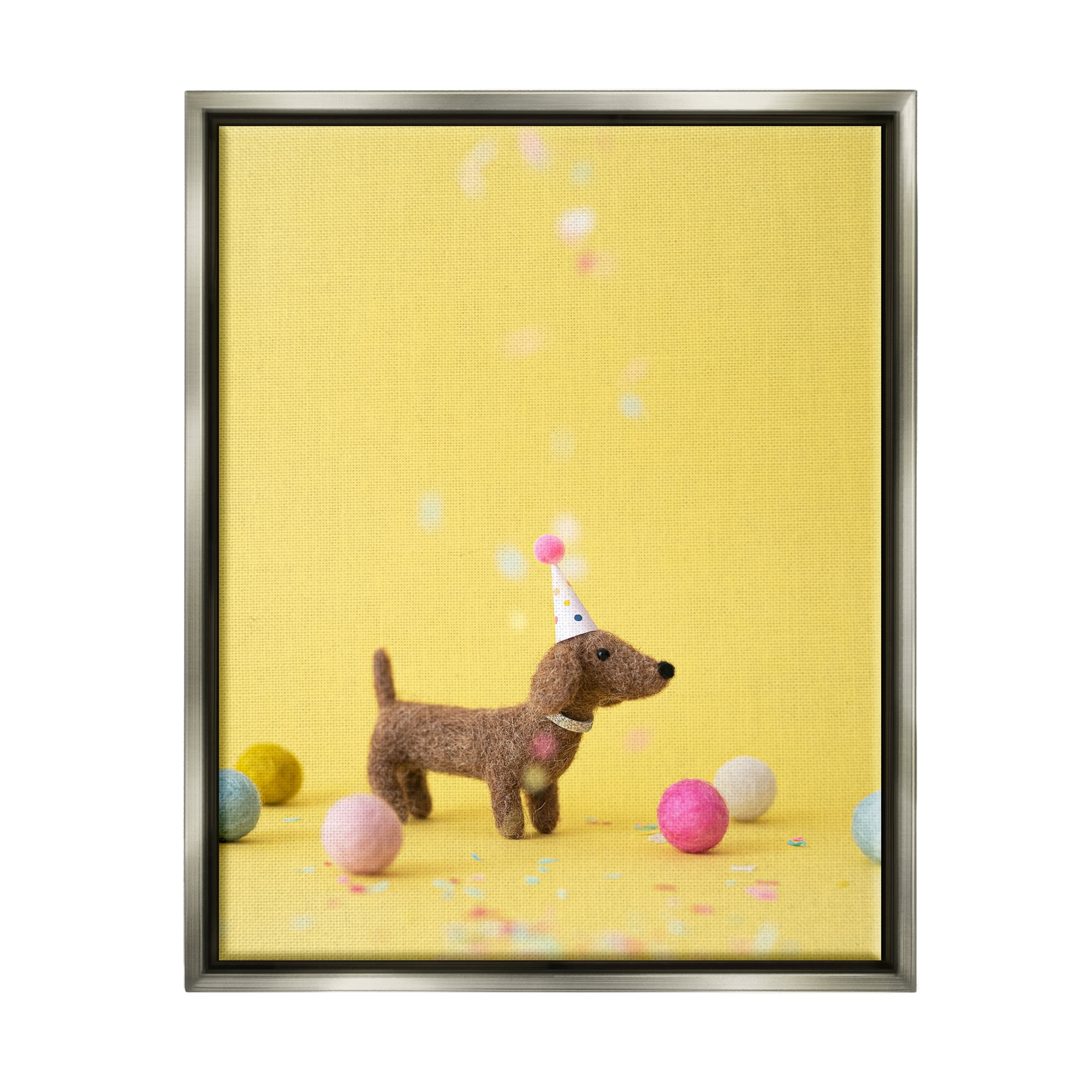 Stupell Yellow Dachshund Party Hat Dog Animals & Insects Photography Gray Floater Framed Art Print Wall Art
