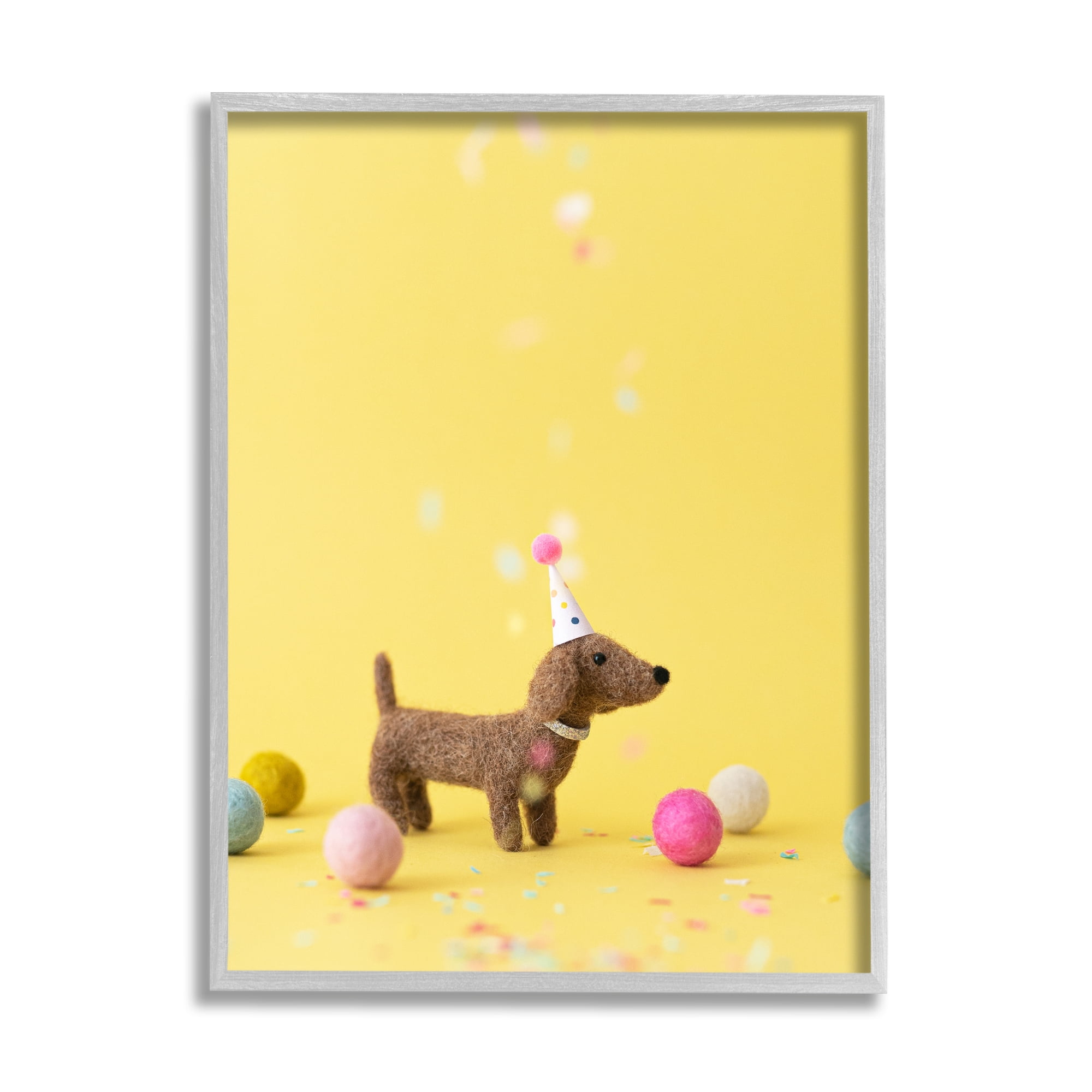 Stupell Yellow Dachshund Party Hat Dog Animals & Insects Photography Gray Framed Art Print Wall Art