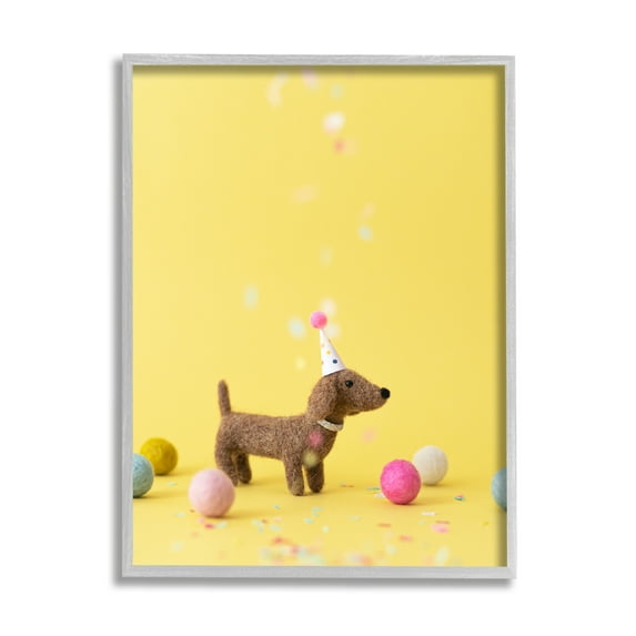 Stupell Yellow Dachshund Party Hat Dog Animals & Insects Photography Gray Framed Art Print Wall Art
