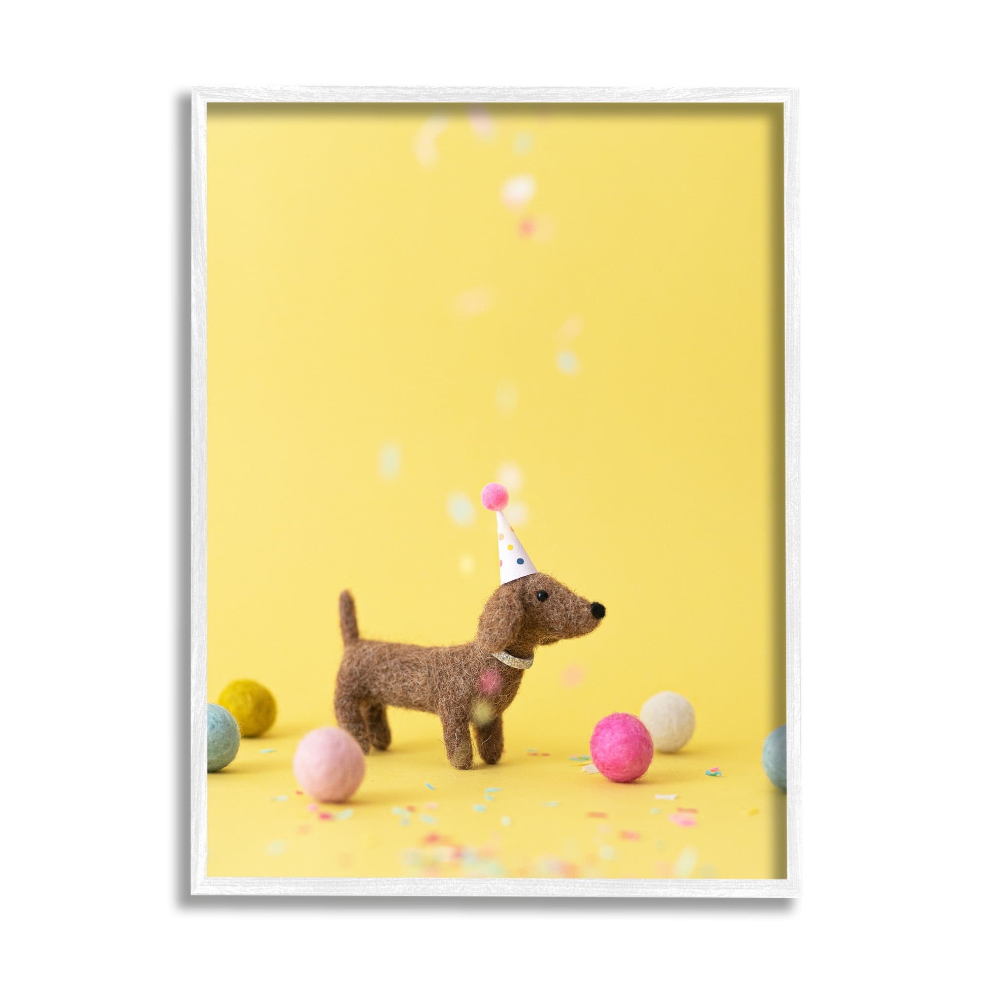 Stupell Yellow Dachshund Party Hat Dog Animals & Insects Photography White Framed Art Print Wall Art