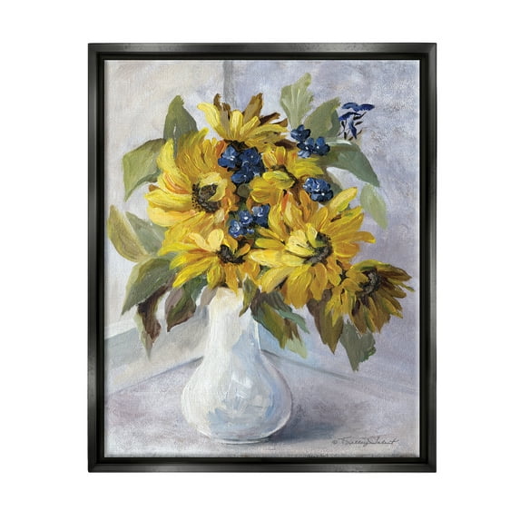Stupell Yellow Daisies Blue Accent Flower Botanical & Floral Painting Black Floater Framed Art Print Wall Art