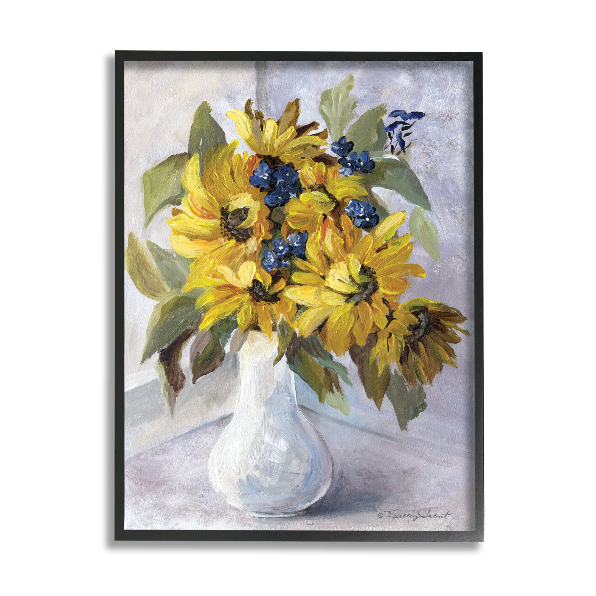 Stupell Yellow Daisies Blue Accent Flower Botanical & Floral Painting Black Framed Art Print Wall Art
