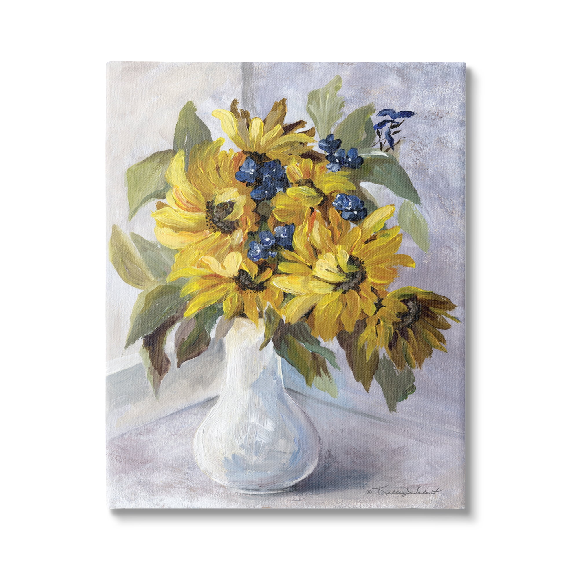Stupell Yellow Daisies Blue Accent Flower Botanical & Floral Painting Gallery Wrapped Canvas Print Wall Art