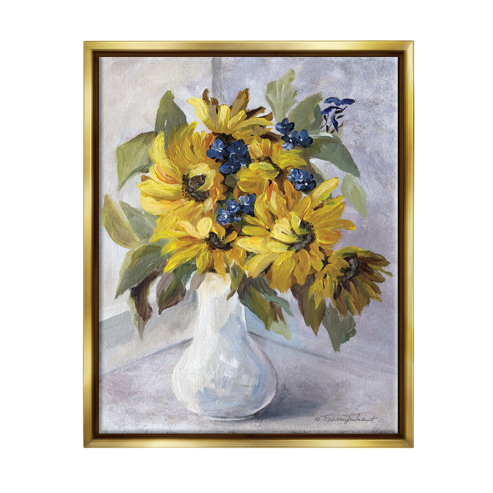 Stupell Yellow Daisies Blue Accent Flower Botanical & Floral Painting Gold Floater Framed Art Print Wall Art