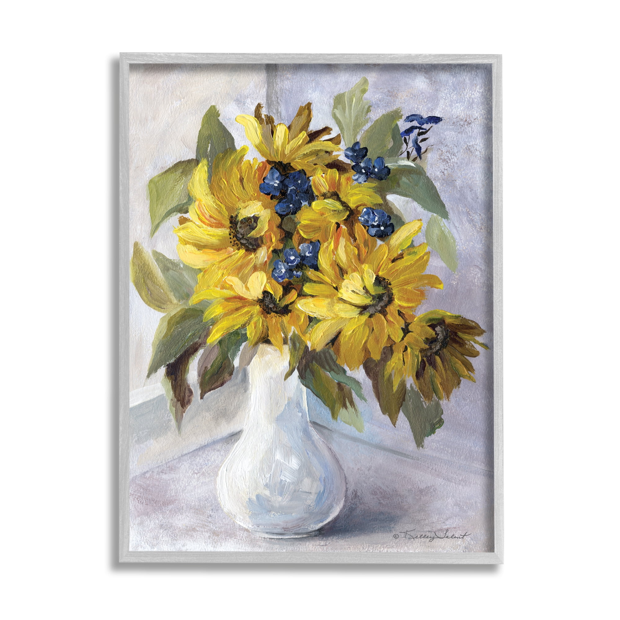 Stupell Yellow Daisies Blue Accent Flower Botanical & Floral Painting Gray Framed Art Print Wall Art