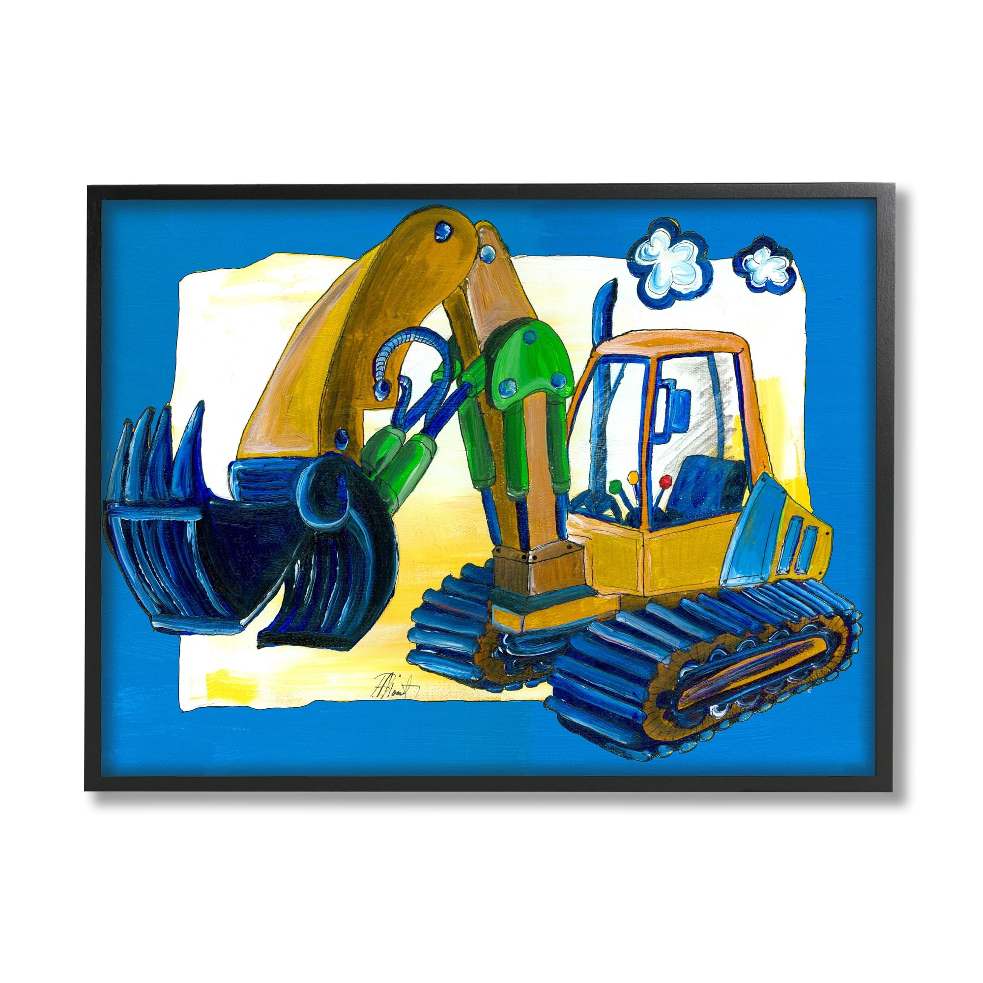 Stupell Yellow Excavator with Blue Border Wall Art, Design By Bealook Kids 11x14 Black