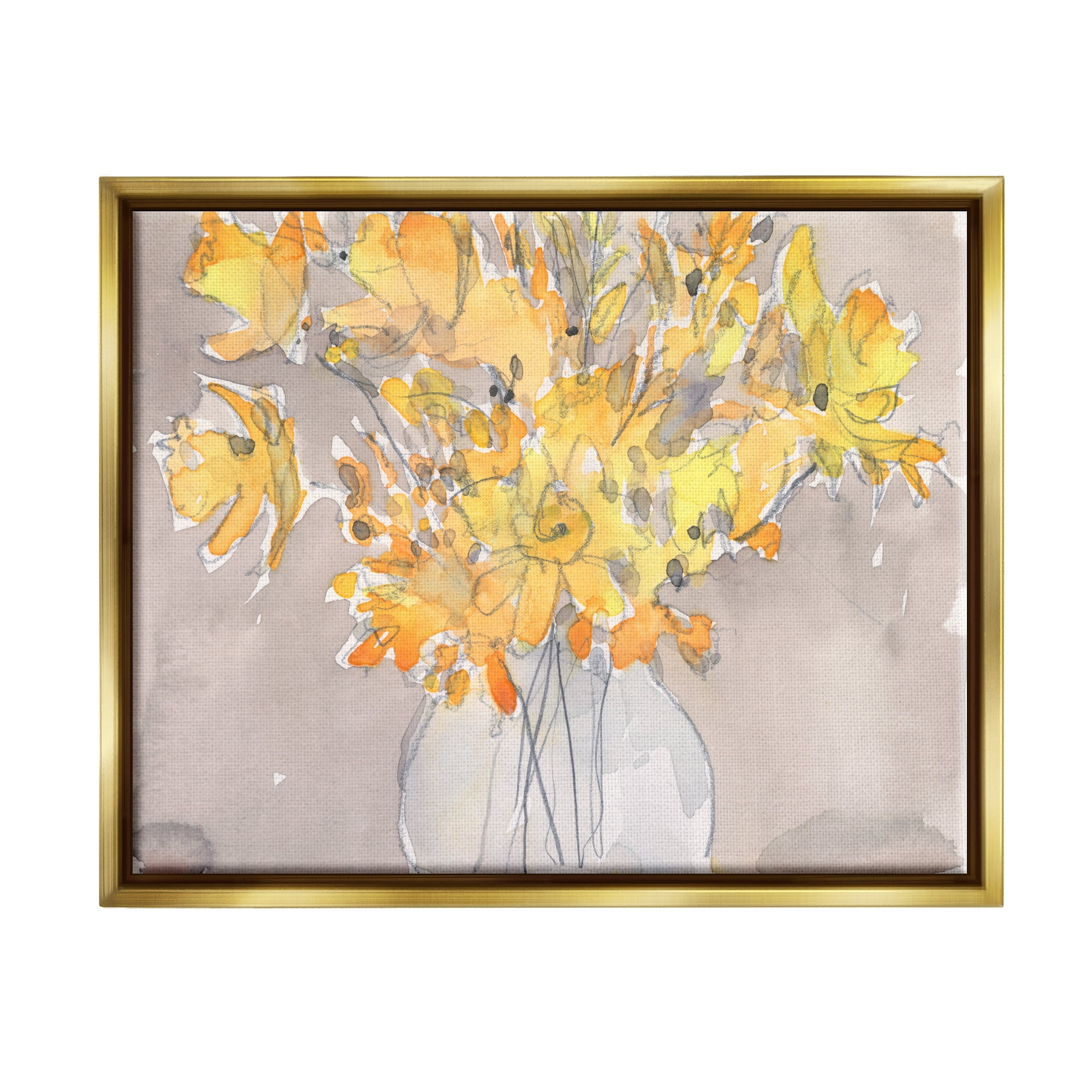 Stupell Yellow Scribble Style Bouquet Botanical & Floral Painting Gold Floater Framed Art Print Wall Art