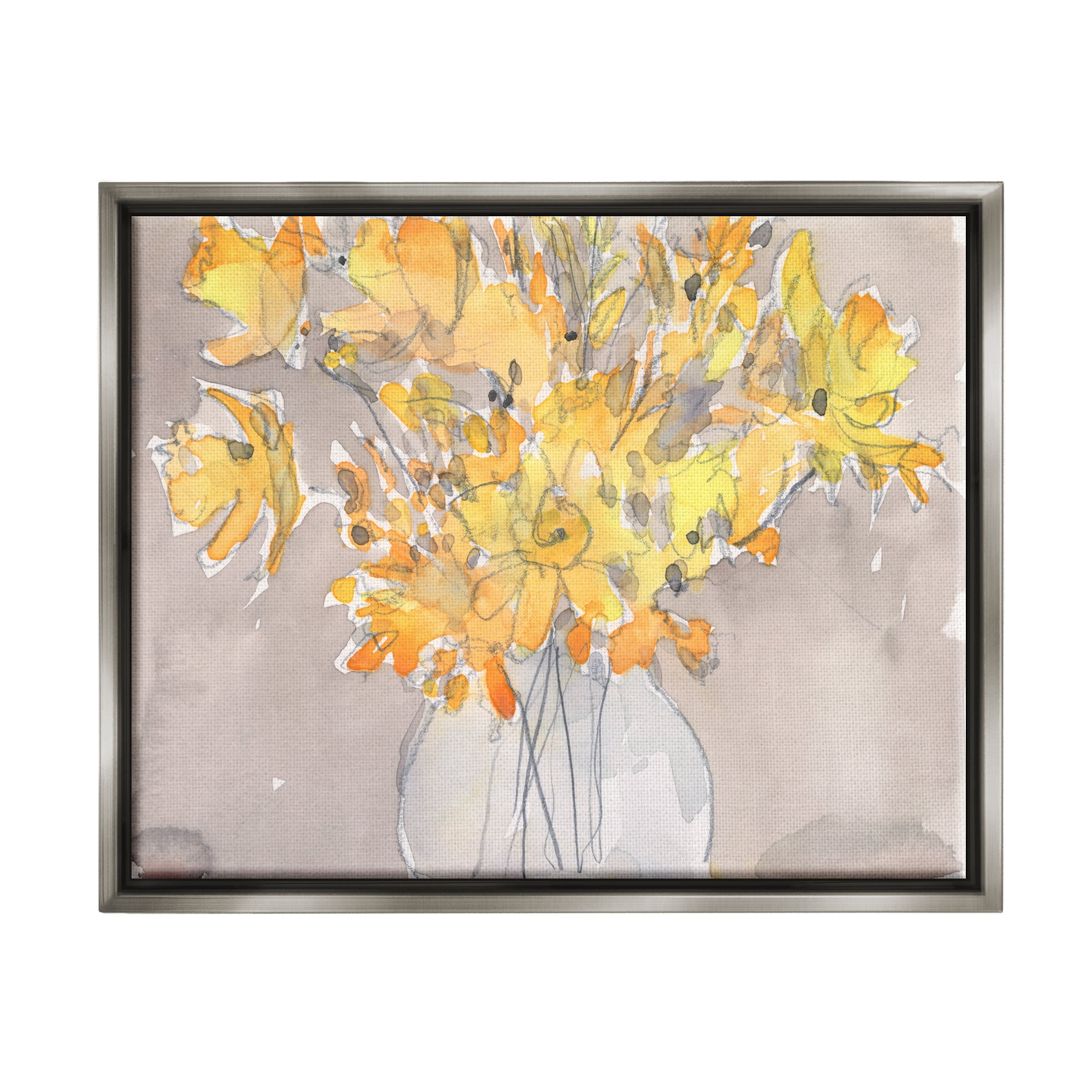 Stupell Yellow Scribble Style Bouquet Botanical & Floral Painting Gray Floater Framed Art Print Wall Art
