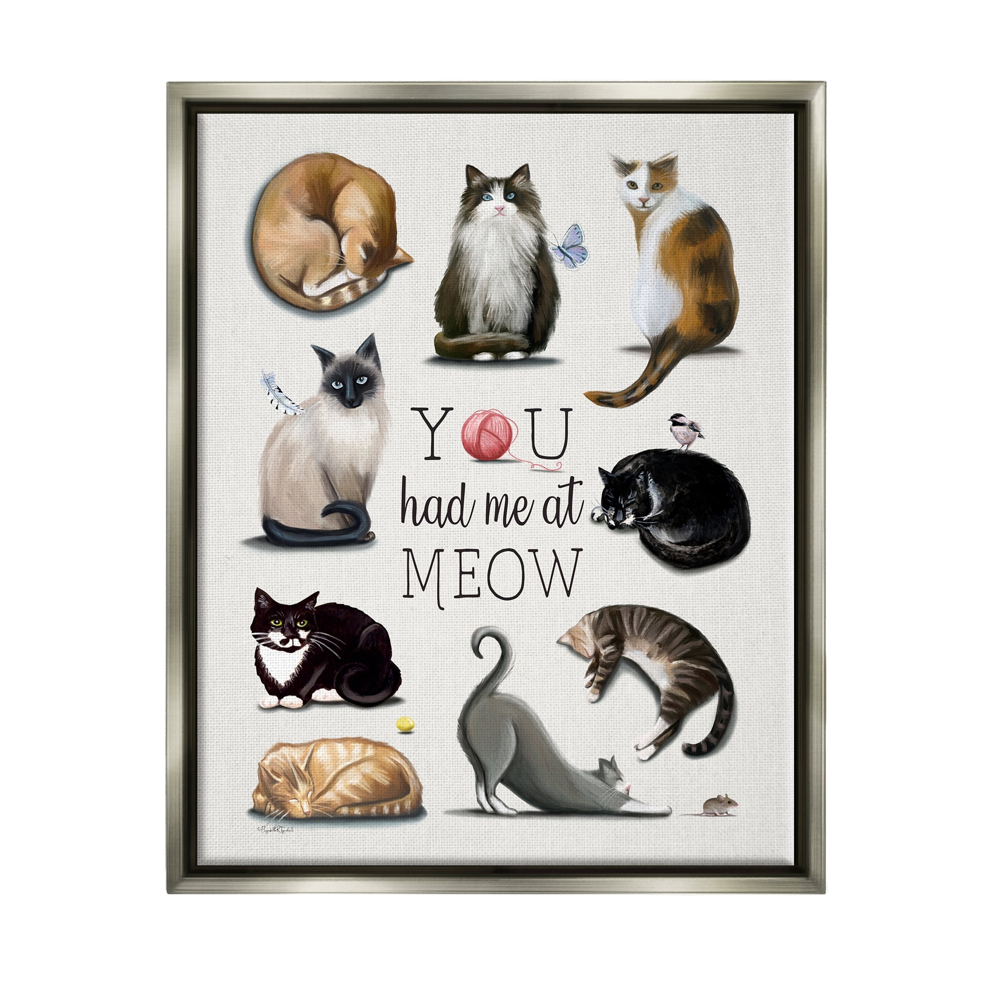 Stupell You Had Me At Meow Cat Pet Animals & Insects Painting Gray Floater Framed Art Print Wall Art