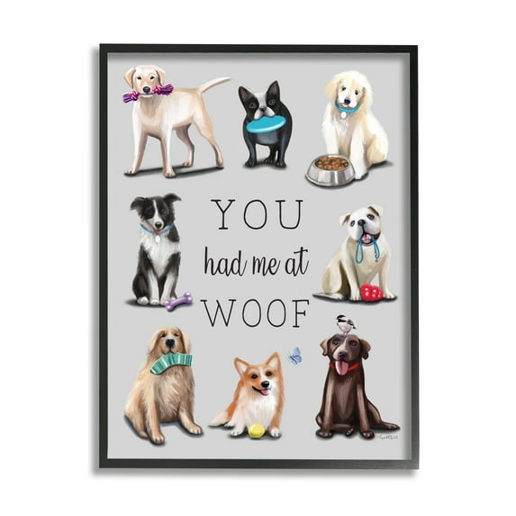 Stupell You Had Me At Woof Playful Dogs Animals & Insects Painting Black Framed Art Print Wall Art