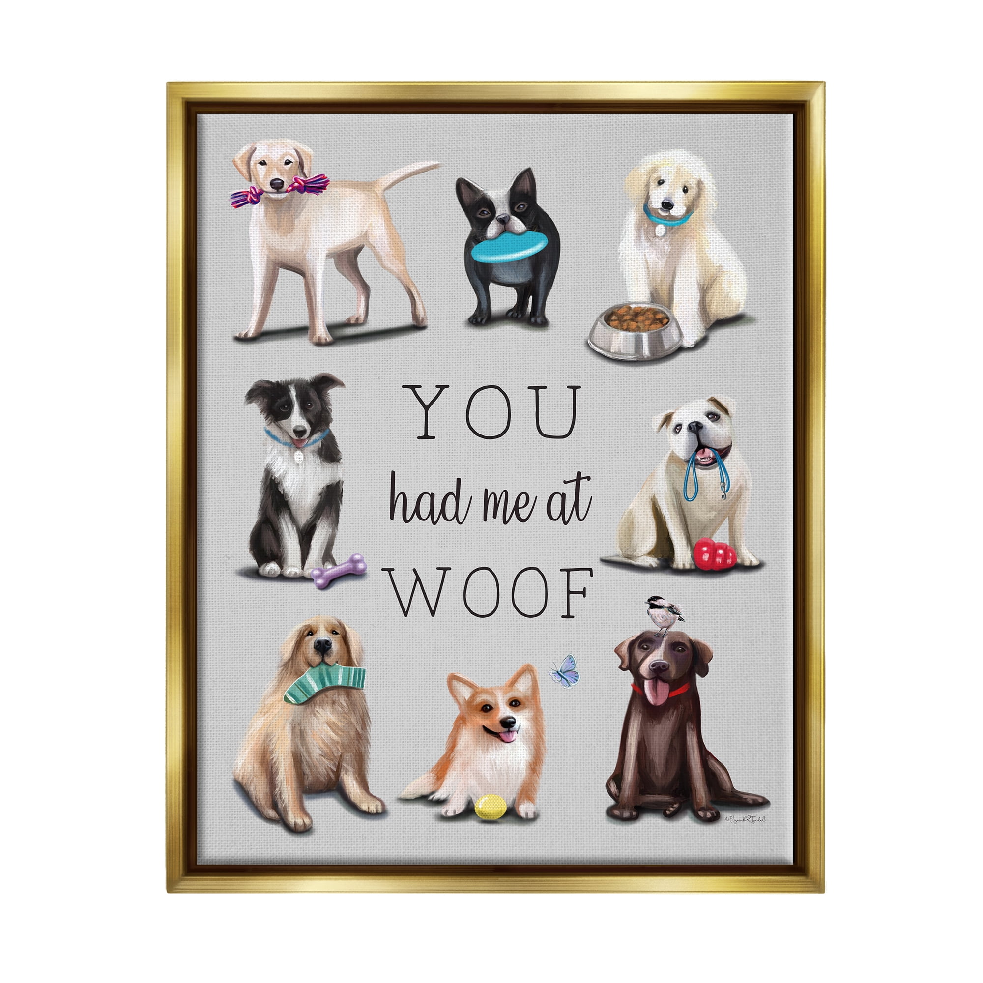 Stupell You Had Me At Woof Playful Dogs Animals & Insects Painting Gold Floater Framed Art Print Wall Art
