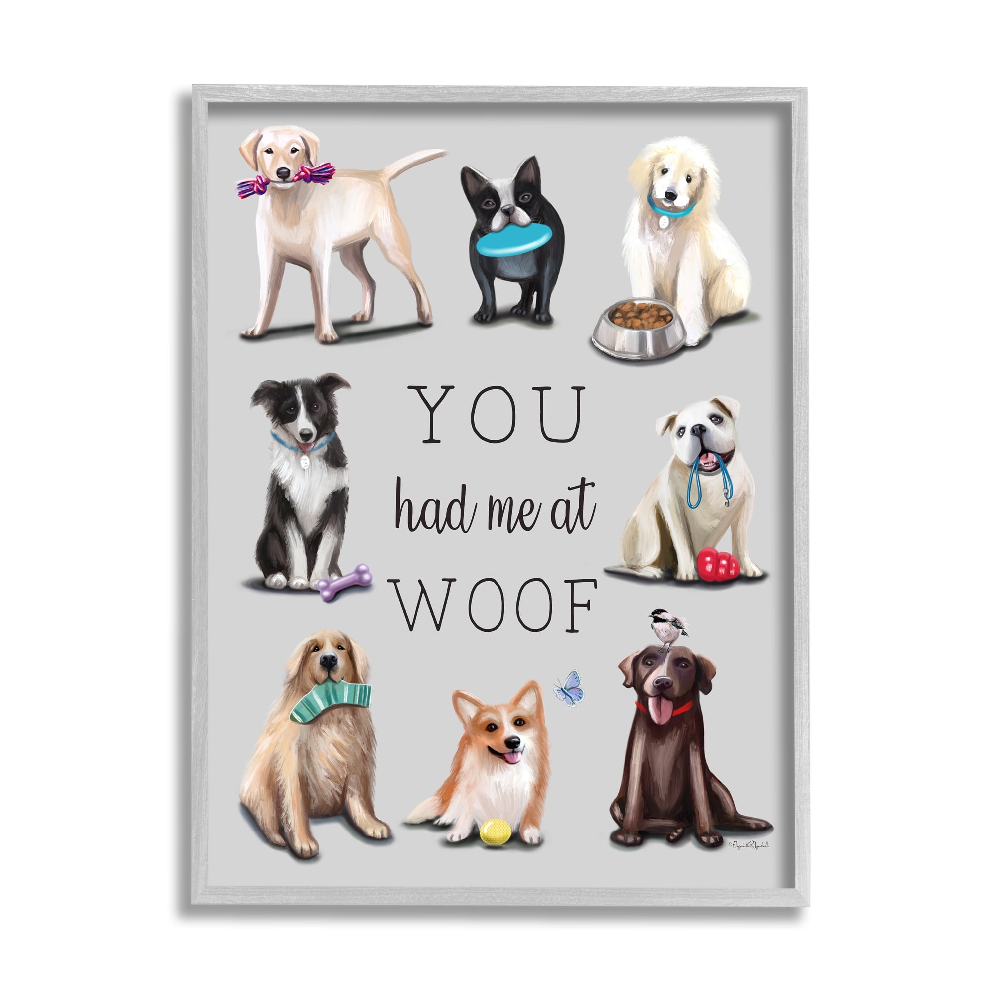 Stupell You Had Me At Woof Playful Dogs Animals & Insects Painting Gray Framed Art Print Wall Art