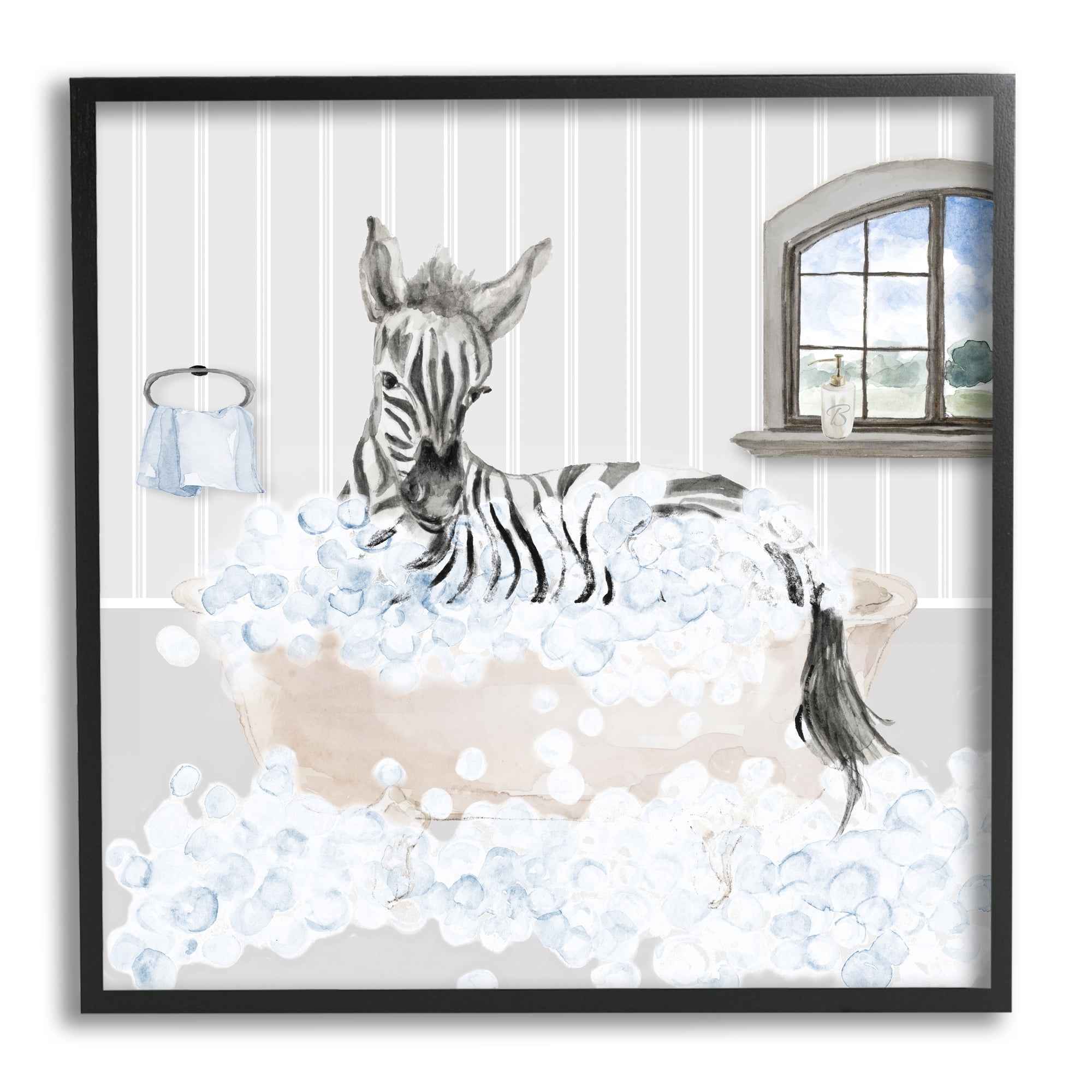 Stupell Zebra Splash Bubble Bath Animals & Insects Painting Black Framed Art Print Wall Art