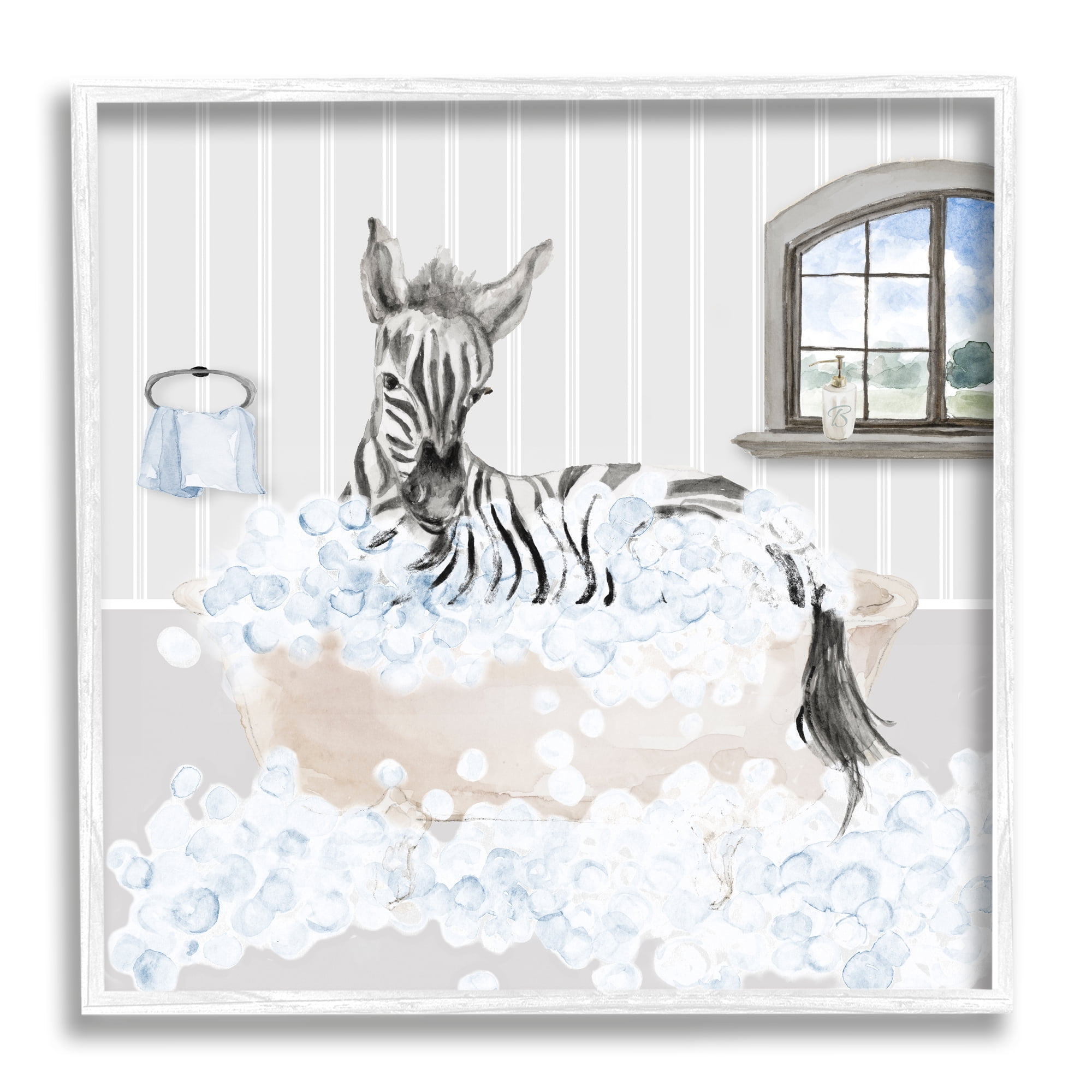 Stupell Zebra Splash Bubble Bath Animals & Insects Painting White Framed Art Print Wall Art