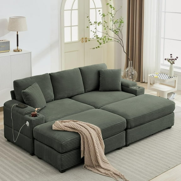 Stupendous Oversized Double Chaise Lounges Indoor, Comfy Corduroy 3 Seater Couch, Deep Seat Modular Sectional Sofa with Ottoman Set, Armrest Storage, Cup Holder, USB Port for Living Room