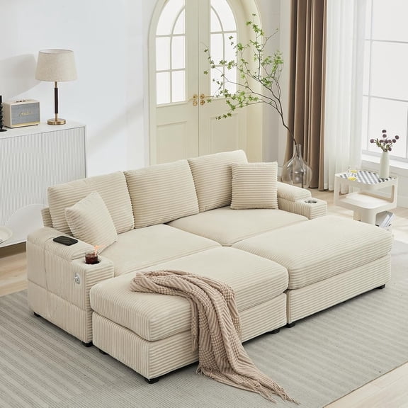 Stupendous Oversized Double Chaise Lounges Indoor, Comfy Corduroy 3 Seater Couch, Deep Seat Modular Sectional Sofa with Ottoman Set, Armrest Storage, Cup Holder, USB Port for Living Room