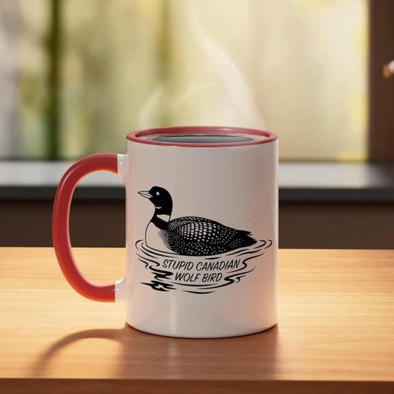 Stupid Canadian Wolf Bird Mug, 15oz Ceramic Mug, Canadian Wildlife Humor Coffee Cup, Heated Rivalry Loon Mug, Hockey Romance LGBT Mugs