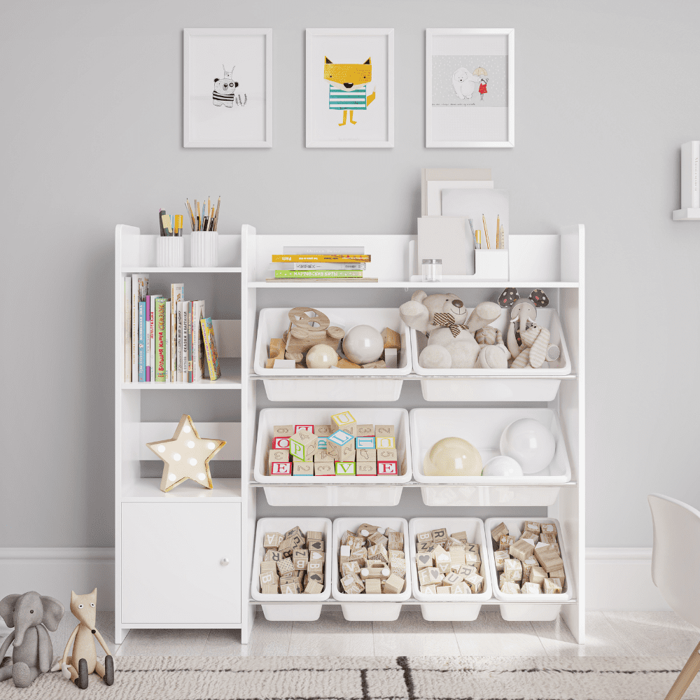 Sturdis Kids Toy Storage Organizer With Bookshelf and White Bins