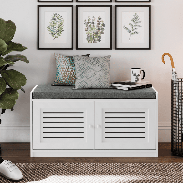 Sturdis White Shoe Storage Bench with Cushion Adjustable Shelves Soft Close Hinges 2 Tier Fits 8 12 Pair of Shoes