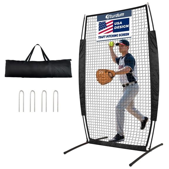 Sturdum 7 x 4 ft Baseball Pitching Screen, Portable I-Screen Pitcher's Protective Net for Batting Practice & Field Training, Quick Setup with Carry Bag