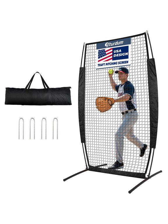 7 x 4 ft Baseball Pitching Screen, Portable I-Screen Pitcher's Protective Net for Batting Practice & Field Training, Quick Setup with Carry Bag