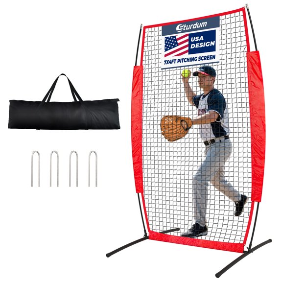 Sturdum 7 x 4 ft Baseball Pitching Screen, Portable I-Screen Pitcher's Protective Net for Batting Practice & Field Training, Quick Setup with Carry Bag