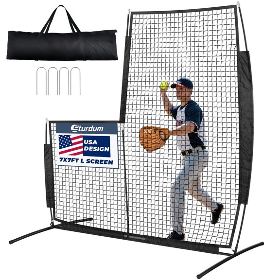 Sturdum 7 x 7 ft Baseball L-Screen, Portable Pitcher's Protective Net for Batting Cages & Field Practice, Includes Carry Bag & 4 Ground Stakes