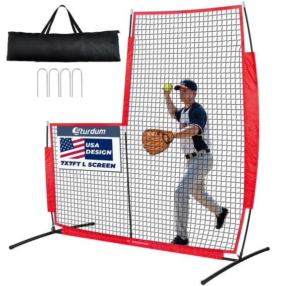 Sturdum 7 x 7 ft Baseball L-Screen, Portable Pitcher's Protective Net for Batting Cages & Field Practice, Includes Carry Bag & 4 Ground Stakes