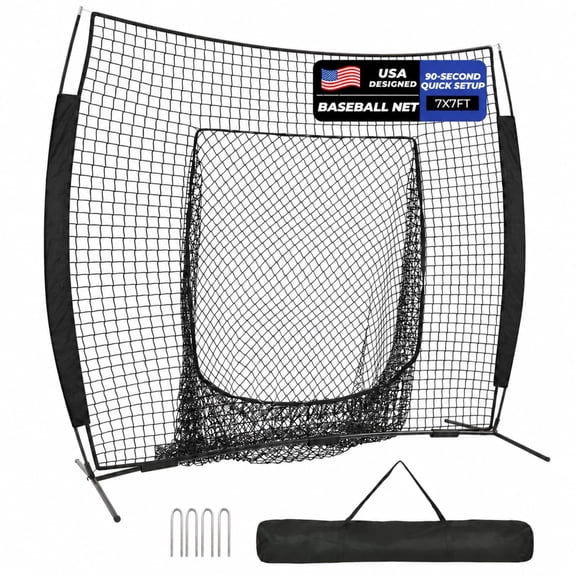 Sturdum 7 x 7 ft Baseball Net for Hitting & Pitching, Portable Baseball Softball Practice Net with Quick Setup, Carry Bag & 4 Ground Stakes