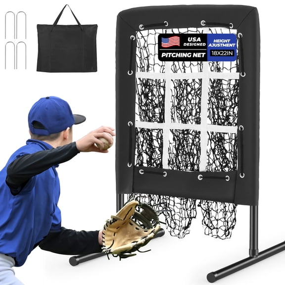 Sturdum 9 Hole Pitching Net, Portable Baseball Softball Pitching Target with Strike Zone, Height Adjustable Pitcher Training Equipment, Carry Bag & Ground Stakes