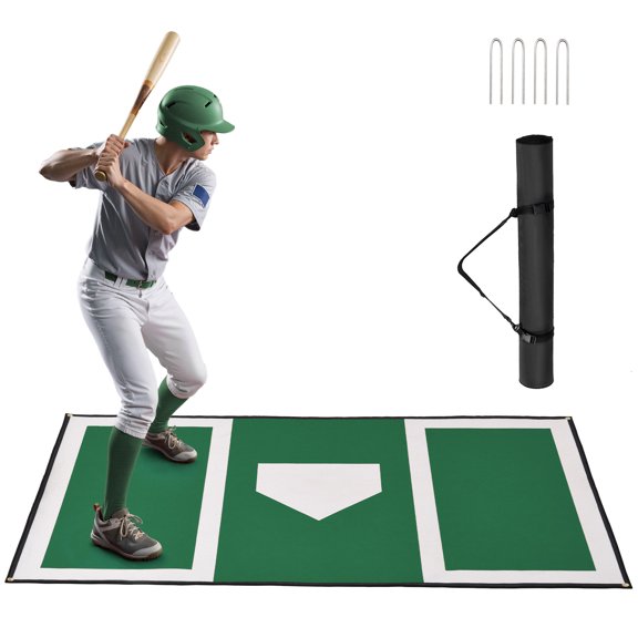 Sturdum Baseball & Softball Batting Mat with Home Plate, 6 x 4 ft Non-Slip Batter's Box Turf Mat for Hitting & Stance Training, Indoor/Outdoor Batting Cage Practice with Stakes & Carry Strap