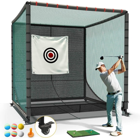 Sturdum Golf Hitting Cage, 7 x 7 ft / 10 x 10 ft Driving Net with Steel Frame & Removable Wheels, Rubber Hose, Target Cloth for Indoor & Outdoor Practice