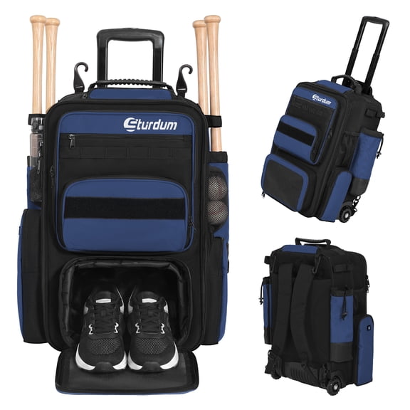 Sturdum Rolling Baseball Bag with Wheels, 70L Large Capacity Baseball & Softball Backpack with Hidden Shoulder Straps, Shoe Compartment, Fence Hooks & Multiple Pockets for Players and Coaches
