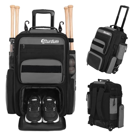 Sturdum Rolling Baseball Bag with Wheels, 70L Large Capacity Baseball & Softball Backpack with Hidden Shoulder Straps, Shoe Compartment, Fence Hooks & Multiple Pockets for Players and Coaches