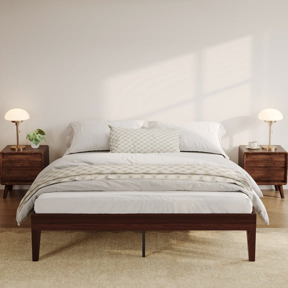 Sturdy 14 Inch Queen Wooden Platform Bed Frame - Metal & Wood Slat Support, Noise-Free, Easy Assembly, No Box Spring Needed, Large Under Bed Storage - Red Walnut