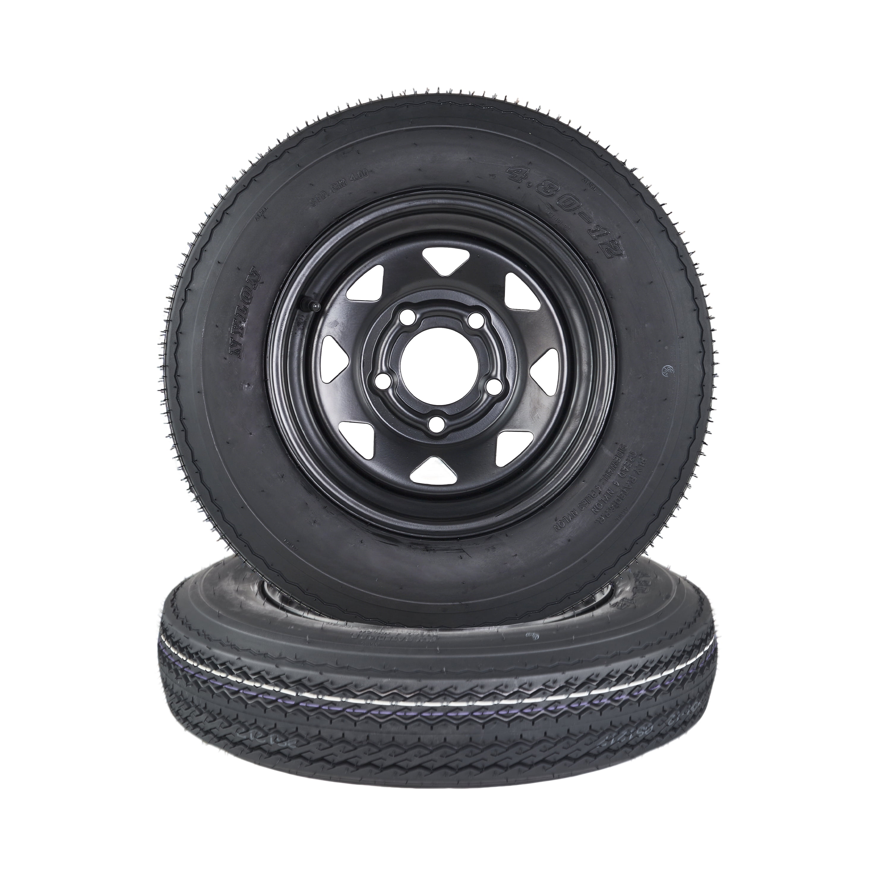 Sturdy 2-Pack 4.80-12 Trailer Tires on 12" Rims  Load Range C, 6PR, 5 Lug 4.5" PCD  Utility Trailer Wheel Assembly, Black  Specs: 4.80-12 6PR 5-hole assembly wheel