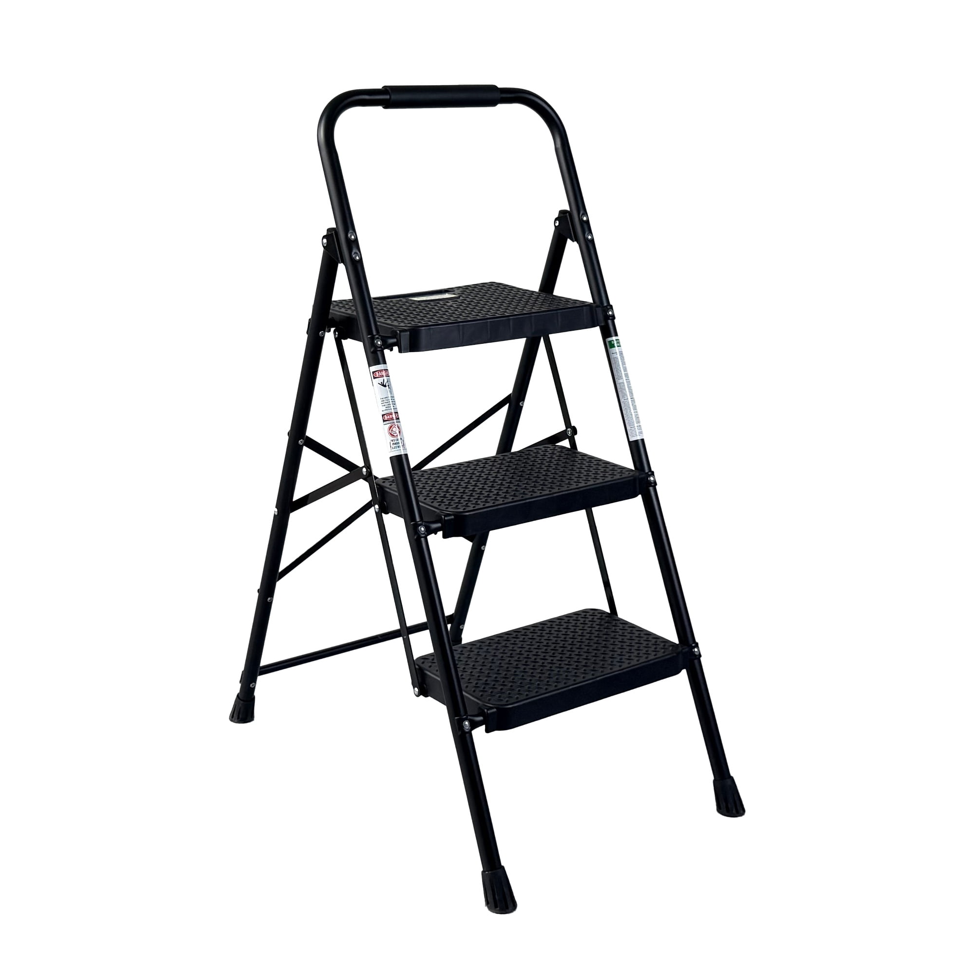 Sturdy 3-Step Folding Step Stool with Wide Anti-Slip Pedal, Steel Ladder for Household and Kitchen Use, Black