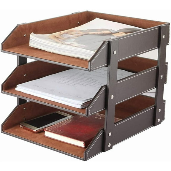 Very Sturdy 3 Tier Leather Desk File Rack for Office Supplies/Stationery/Folder,Stackable Letter Tray Organizer,Document Filing Organizer Holder for Desktop Storage (Brown)…