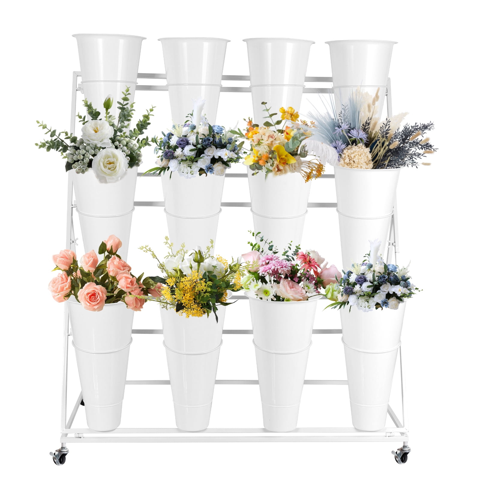 Sturdy 3 Tier White Metal Flower Stand, Flower Cart Shelf equipped with ...