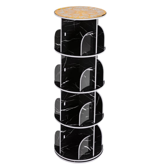 Sturdy 4-Tier Desktop Bookshelf with 16 Compartments, 360° Rotation, PVC Wood-Plastic Composite, Stylish Marbled Surface, Space-Saving